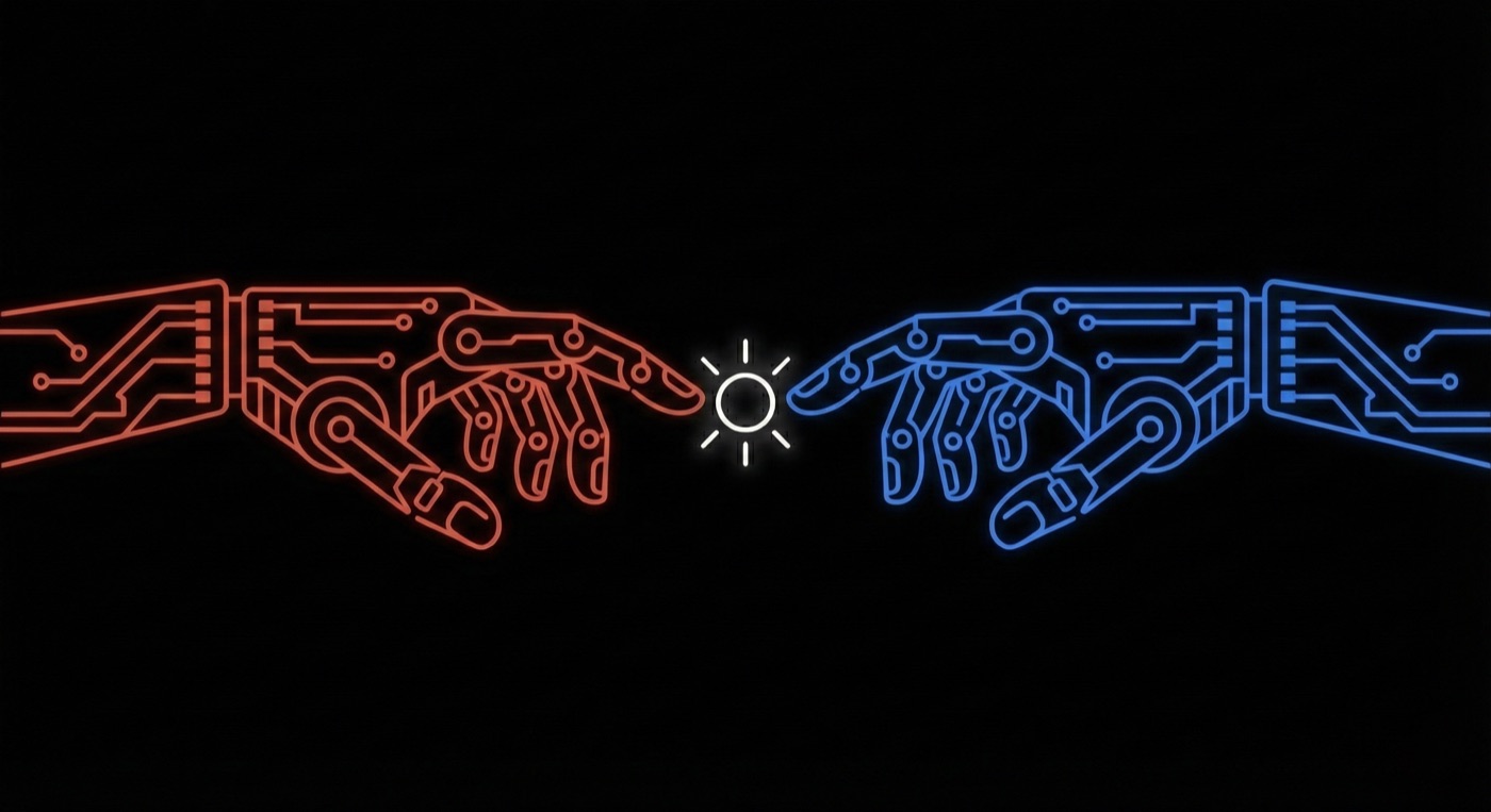 Cover art for gemini-mcp: two line-drawn robotic hands on black, one red and one blue, reaching toward a small glowing spark between their fingertips.