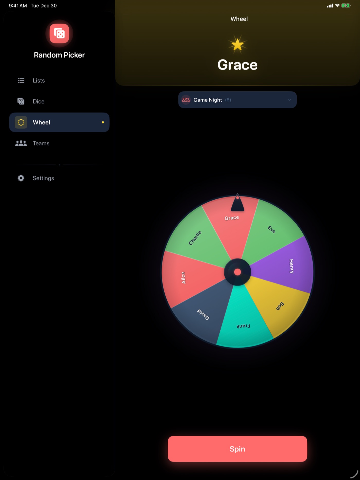 Random Picker on iPad: a sidebar of Lists, Dice, Wheel and Teams next to the Wheel screen, where a colour wheel of eight names has landed on Grace, announced above it, with a Spin button below.